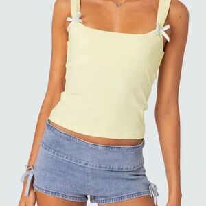 Edikted Lola Bow Rib Tank – Yellow with Blue Bows, Size Medium
